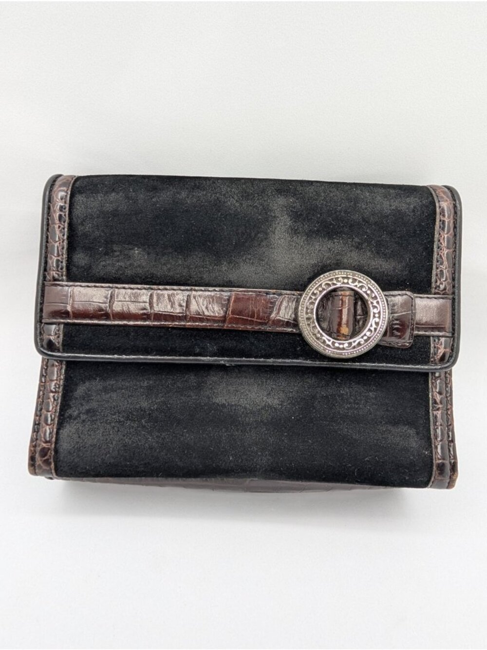 Vintage Brighton Black Suede Brown Leather Wallet Organizer Bag READ